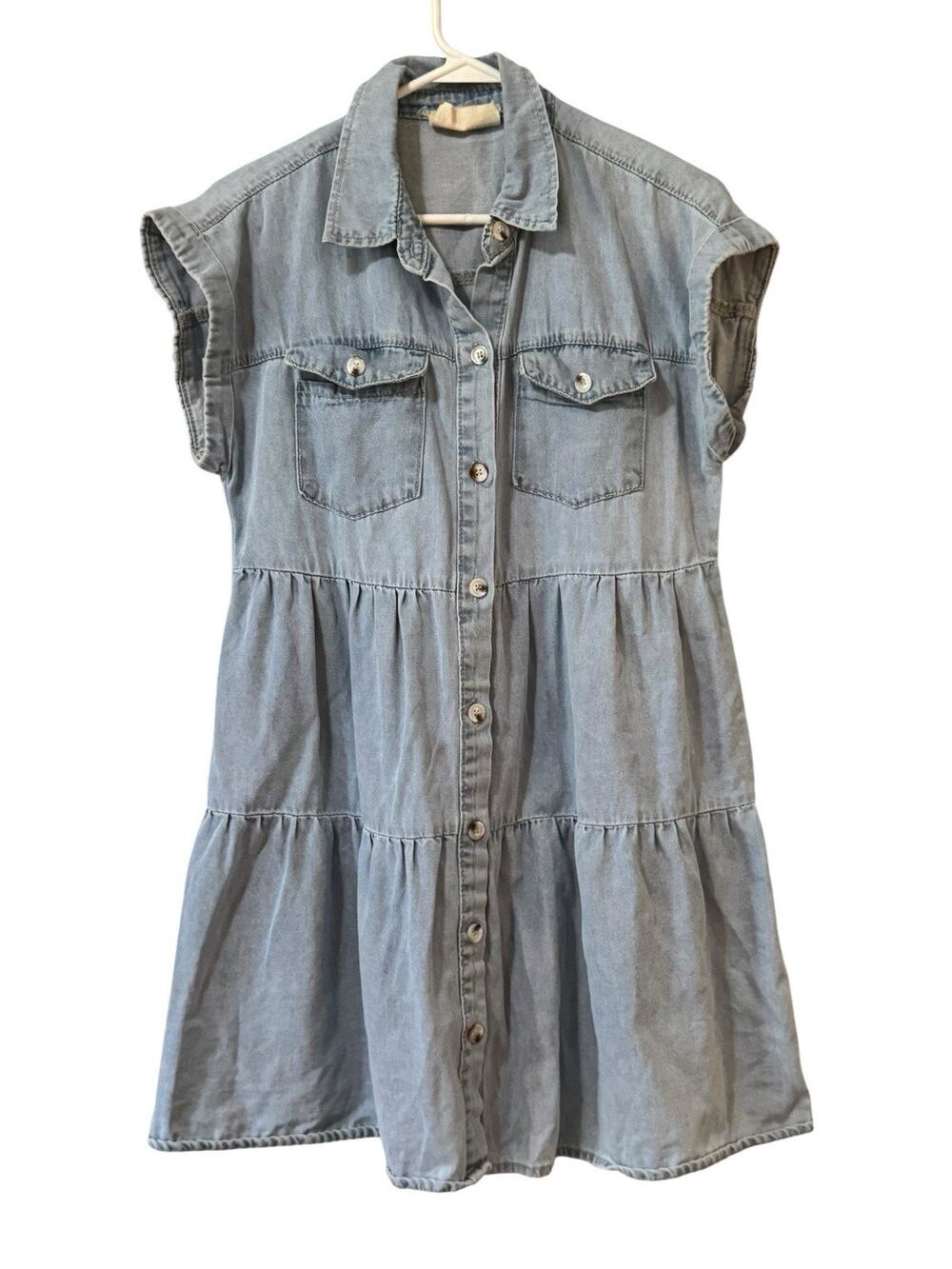 Savanna Jane Tiered Chambray Dress Women Size Small Casual Button Up Lightweight